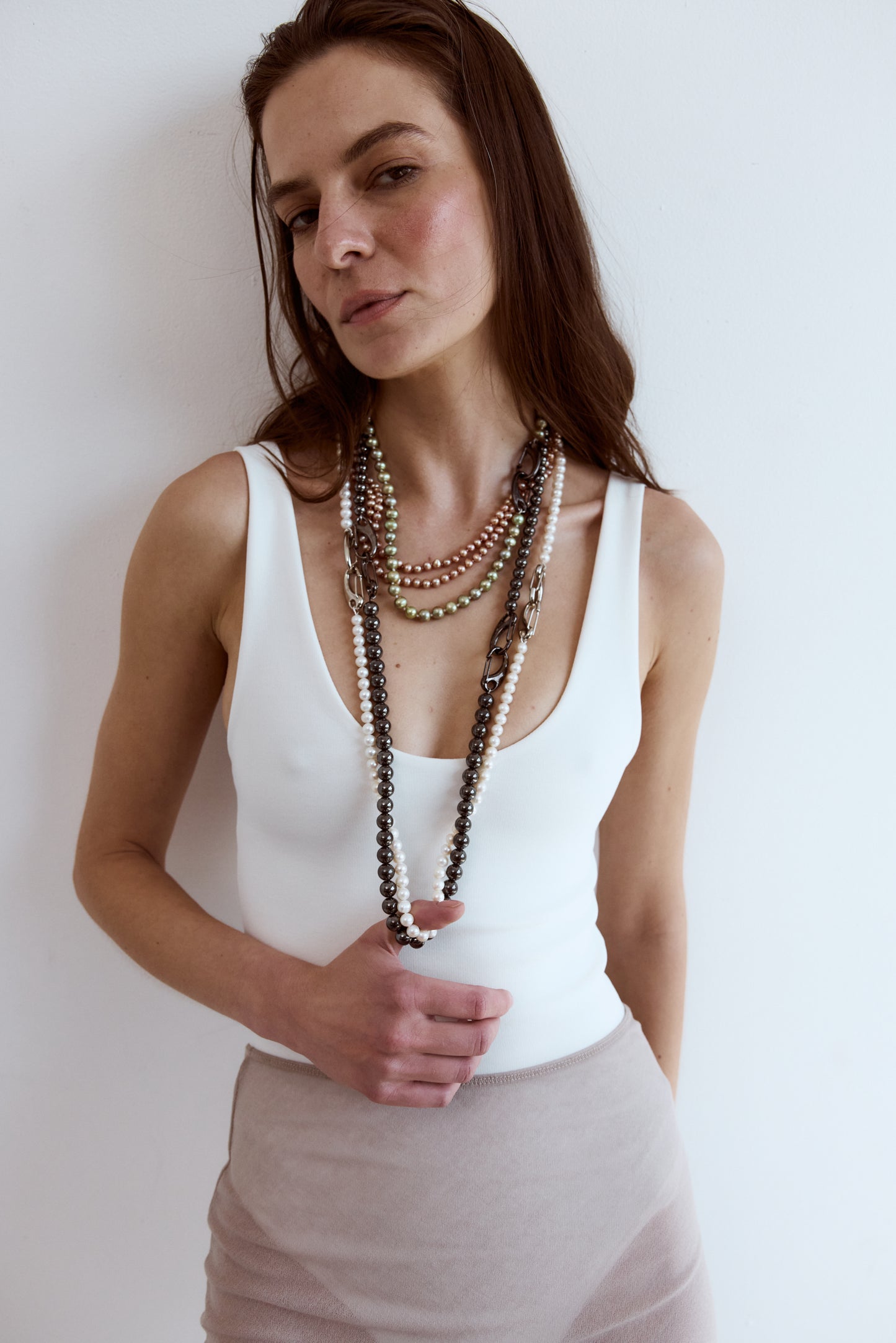 DOUBLE STRAND PEACH PEARL HIP CHAIN OR NECKLACE