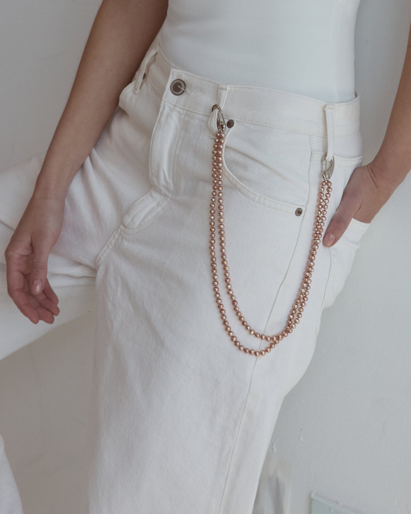 DOUBLE STRAND PEACH PEARL HIP CHAIN OR NECKLACE