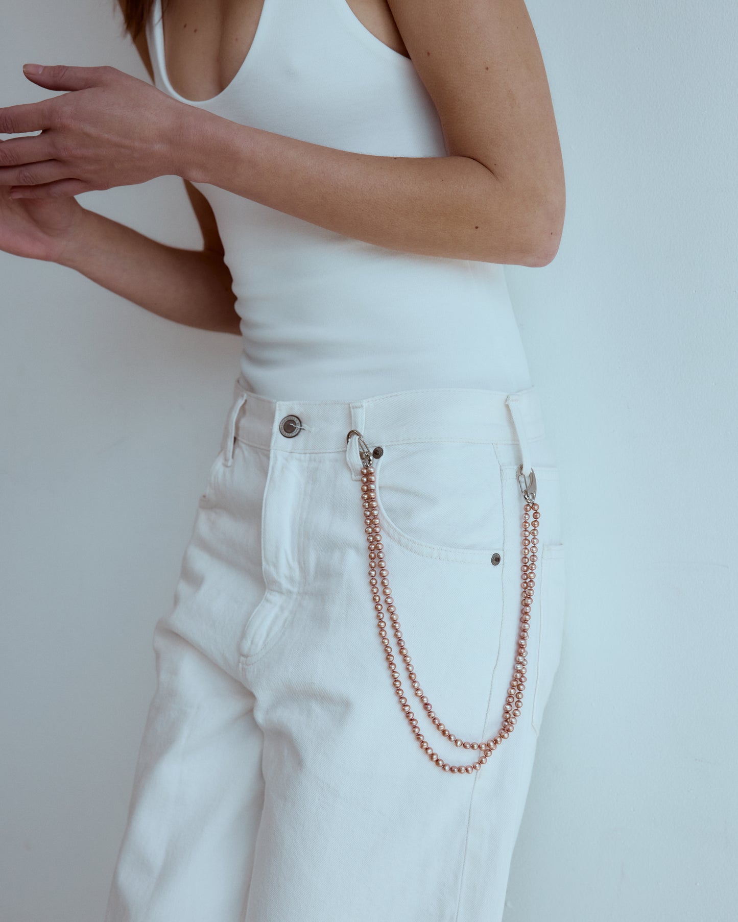 DOUBLE STRAND PEACH PEARL HIP CHAIN OR NECKLACE
